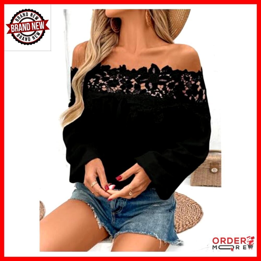 Off Shoulder Lace Blouse Long Sleeve Casual Vacation Top - Picture 3 of 6